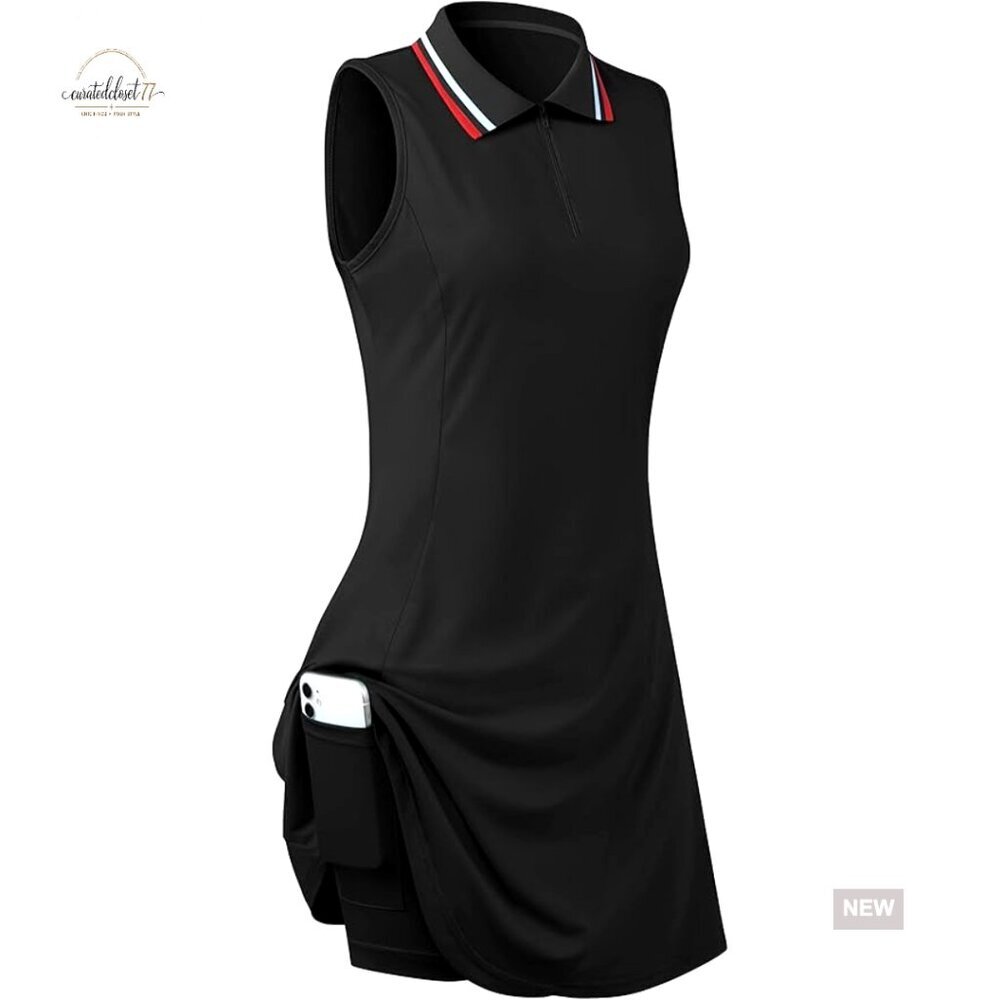 Sleeveless Tennis Golf Dress with Inner Shorts Pockets Workout Activewear